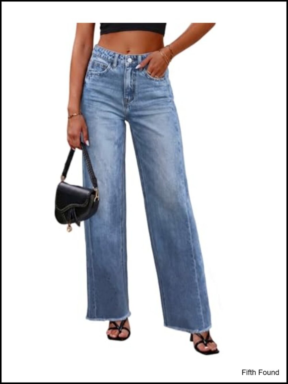 Wide Leg High Waisted Stretchy Denim Jeans Raw Hem Loose Fit